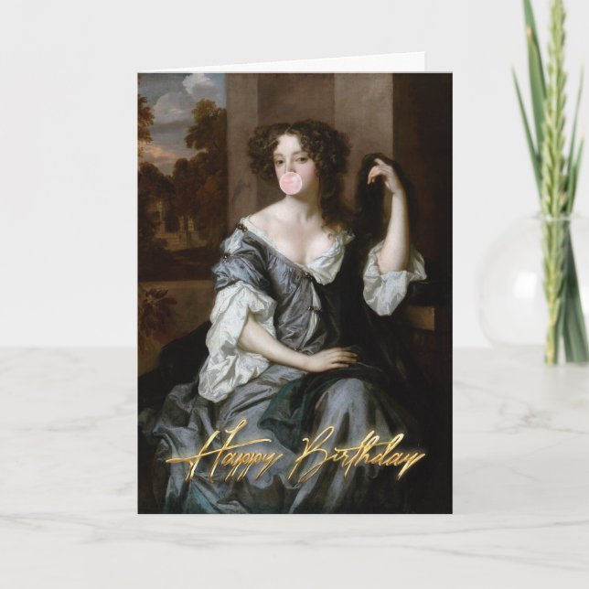 Cartão Duquesa soprando uma pastilha elástica rosa Feliz  (Frente)