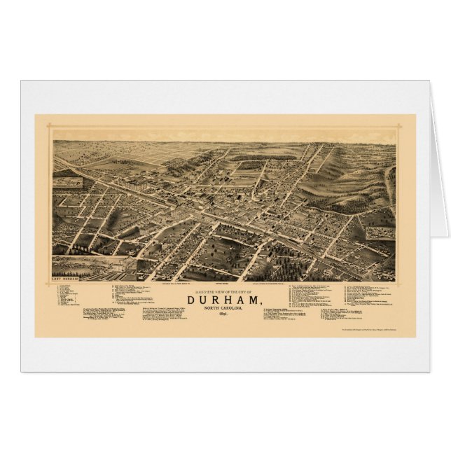 Cartão Durham, mapa panorâmico do NC - 1891 (Frente Horizontal)