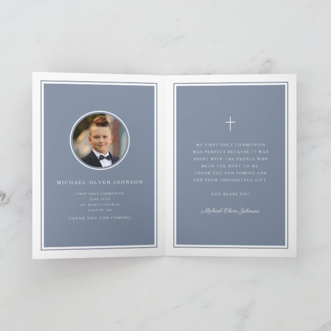 Cartão Dusty Blue Photo Boy First Communion Thank You (Interior)