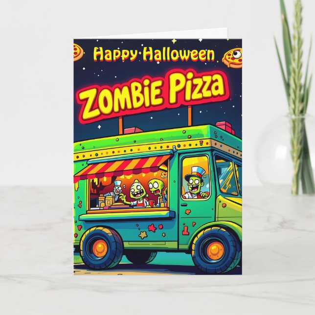 Cartão É hora da pizza de Zombie para o Halloween! (Frente)