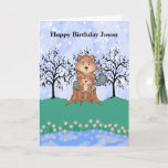 Cartão Eager Beaver Birthday para Son<br><div class="desc">Cartão de aniversário para o seu filho, quando você está longe de casa, ou na verdade vive em outra cidade. O design é um castor bonitinho segurando seu filho, sentado em um tronco de árvore. o cartão também tem árvores, flores e um lago, todos ilustrados, ou desenhados à mão. As...</div>