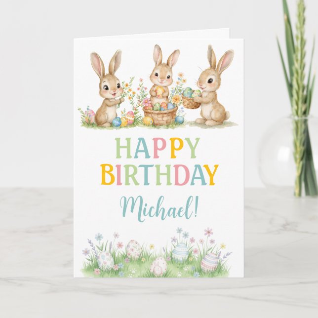 Cartão Easter Bunny Boy First Birthday Greeting Card (Frente)