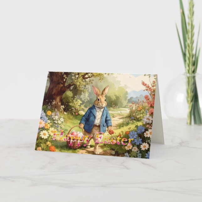 Cartão Easter Bunny Collecting Easter Eggs (Frente)