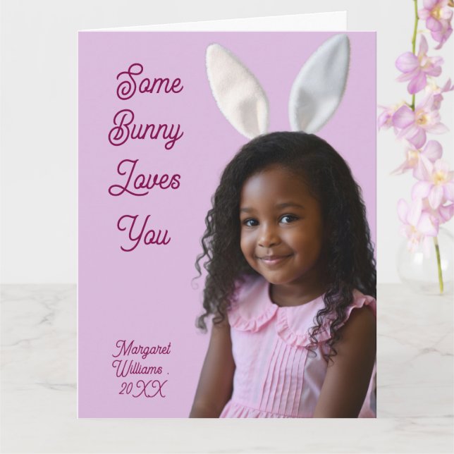 Cartão Easter Bunny Ears Girl Photo Customize Purple Card (Orquídea)