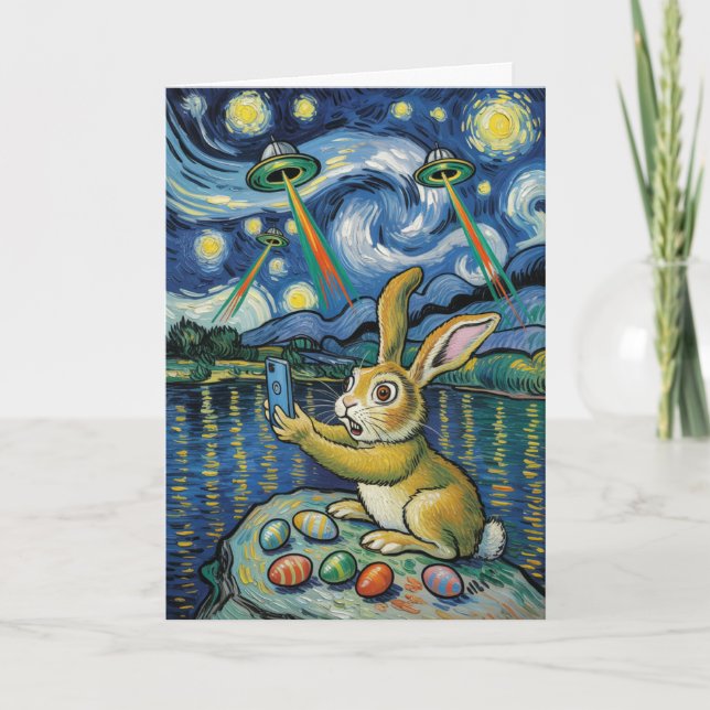 Cartão Easter Bunny UFO Selfie Starry Night Card (Frente)