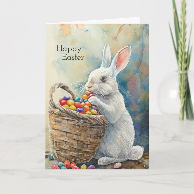 Cartão Easter rabbit eats jelly beans watercolor (Frente)
