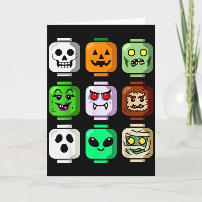 Cartão Edifício de Halloween Tijolo Cabeça Abóbora Fantas (Frente)