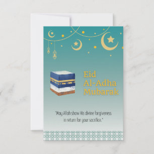 Cartão Eid Al-Adha Mubarak em azul e imagem do Ka'
