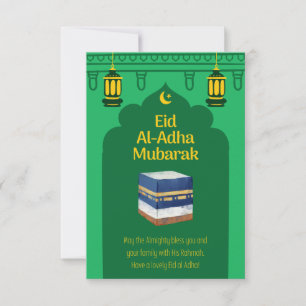Cartão Eid Al-Adha Mubarak em verde e imagem de Ka