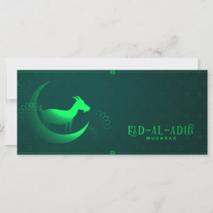 Cartão Eid al Adha Mubarak Goat Crescent Padrão Verde