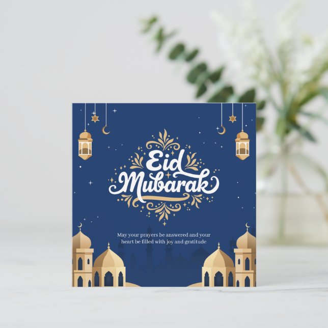 Cartão Eid Mubarak Dourado & Azul  (Em pé/Frente)