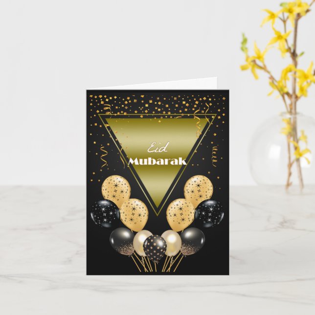 Cartão Eid Mubarak Dourado e Black Confetti e Balões (Flor Amarela)
