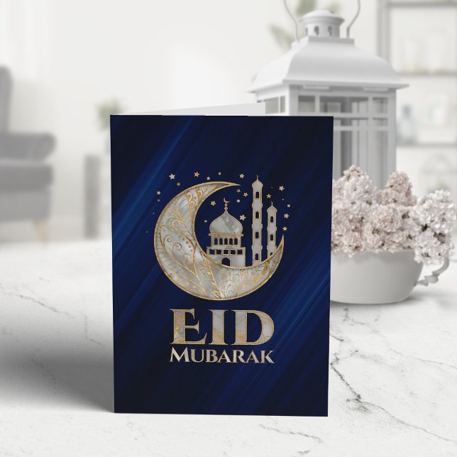 Cartão Eid Mubarak - Pérola e Dourada em azul (Criador carregado)