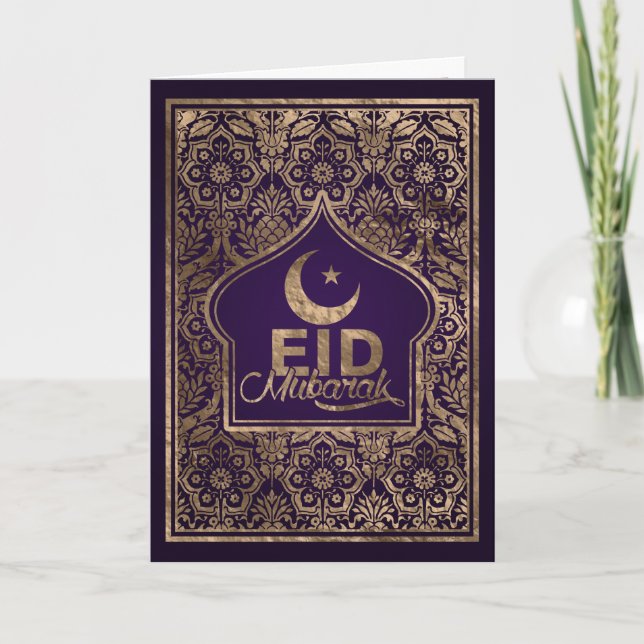 Cartão Eid Mubarak - Roxo e ouro (Frente)