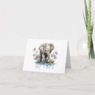 Cartão Elefante bebê com VAZIO de água e flores
