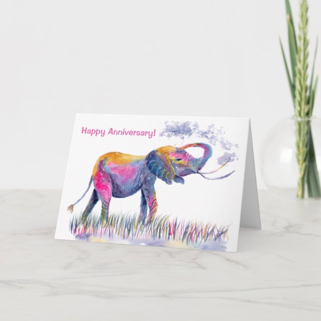Cartão Elefante de Aquarela Feliz Aniversário (Frente)