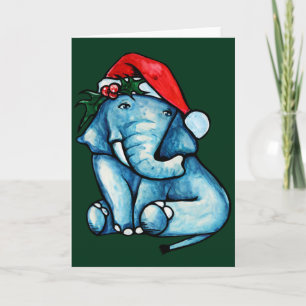Cartão Elefante de Natal Fofo com Chapéu de Papai Noel