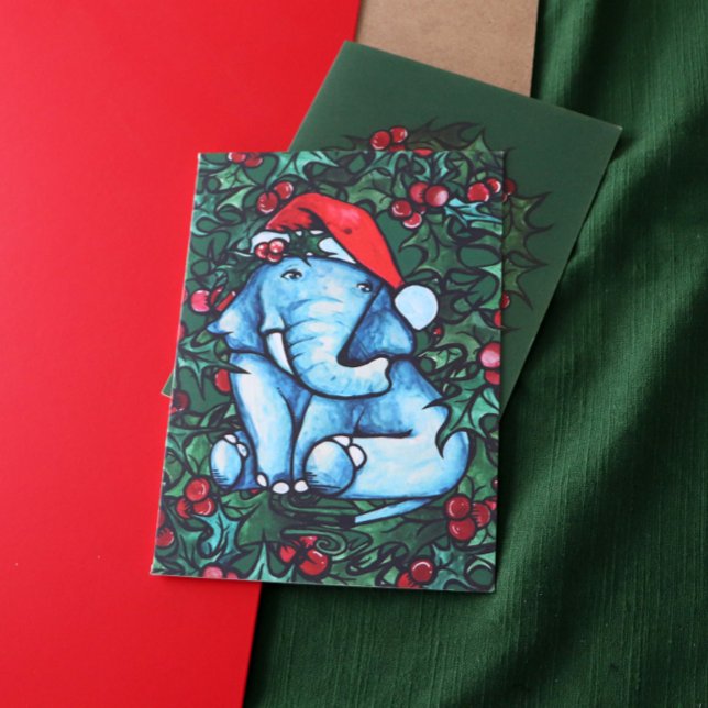 Cartão Elefante de Natal Yule com Azevinho (Criador carregado)