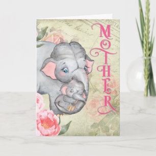 Cartão Elefante e Baby Vintage Dia de as mães Floral Frei