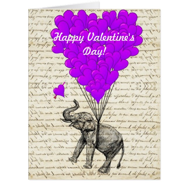 Cartão Elefante e balões dados forma coração (Frente)