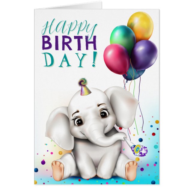 Cartão Elefante em Chapéu de Festa de Aniversário (Frente)