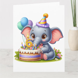 Cartão Elefante Fofo Aniversário de 6 anos