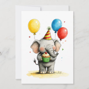 Cartão Elefante Fofo & Bolo de Aniversário Infantil Flat