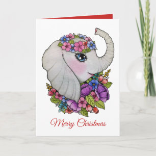 Cartão Elefante Fofo E Flores Selvagens Em Aquarela