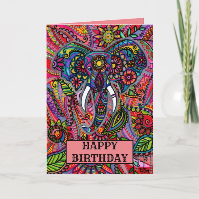 Cartão Elefante Personalizado Mandala Boho Aniversário (Frente)