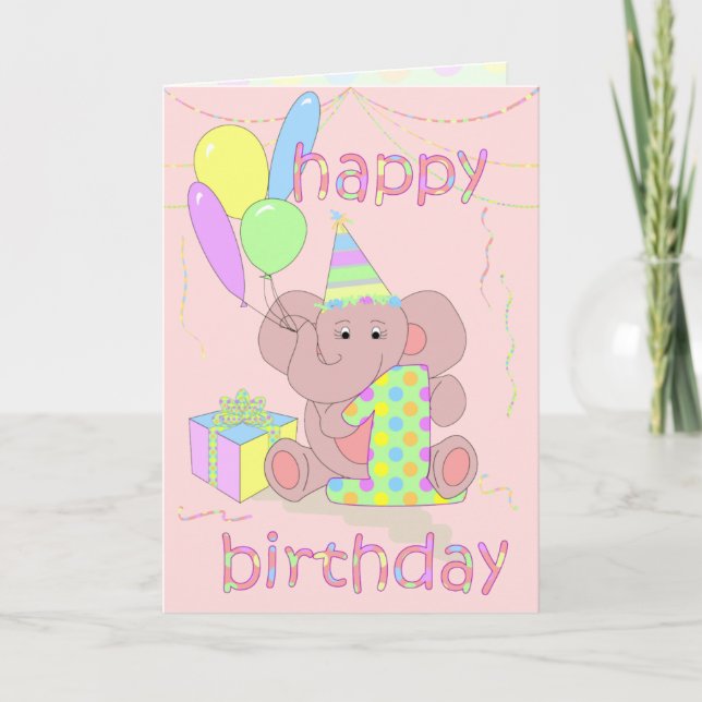 Cartão Elefante primeiro aniversario para Meninas (Frente)