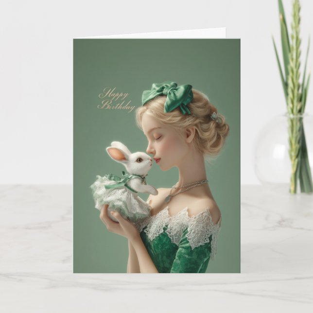 Cartão Elegant BDay Card with Lady & White Bunny in Lace (Frente)