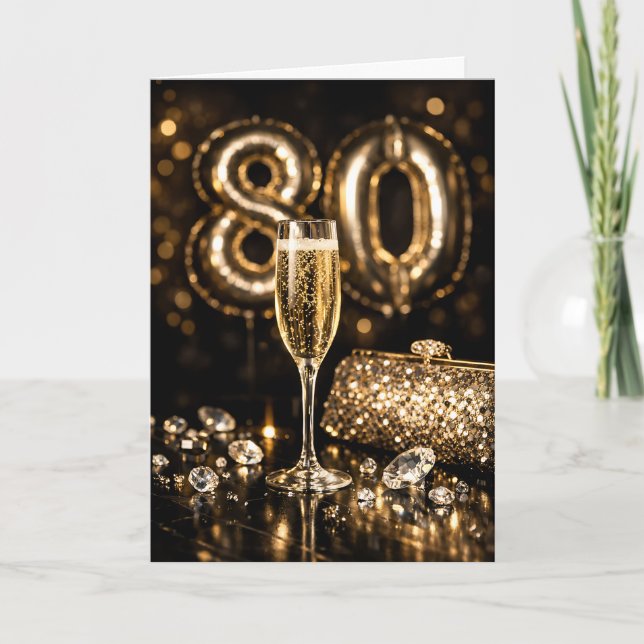 Cartão Elegant Black & Gold Champagne 80th Birthday (Frente)