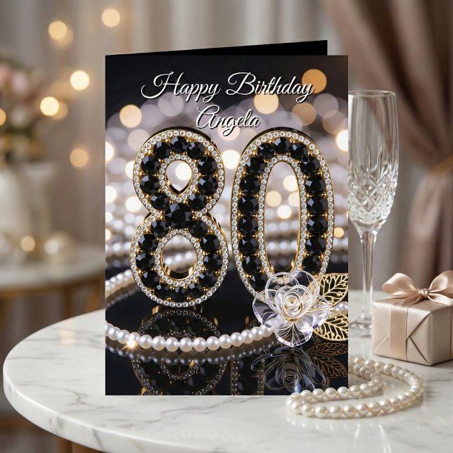 Cartão Elegant Black Gold Pearl Diamond 80th Birthday (Criador carregado)