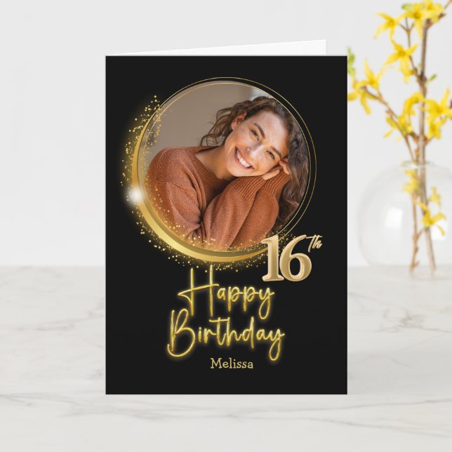 Cartão Elegant Black & Gold Photo Name 16th Birthday (Flor Amarela)