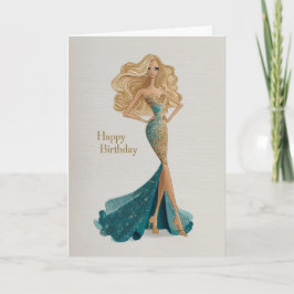 Cartão Elegant Blonde in Gold & Teal Gown Glam BDay