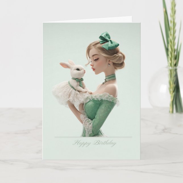 Cartão Elegant Blonde in Green w/ Pretty Bunny BDay Card (Frente)
