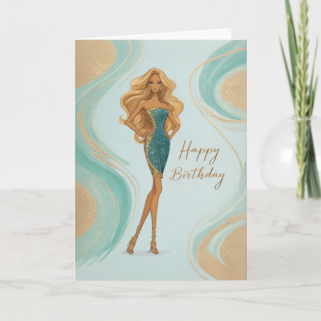 Cartão Elegant Blonde in Teal Gold Glam Gown Birthday (Frente)