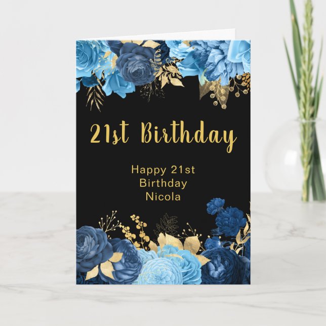 Cartão Elegant Blue and Gold Flowers Birthday Party (Frente)
