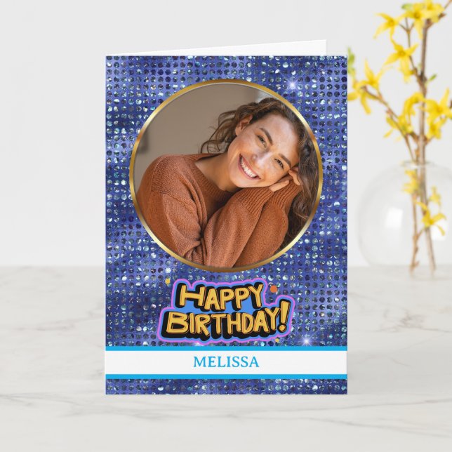 Cartão Elegant Blue and Gold Glitter Photo Name Birthday (Flor Amarela)