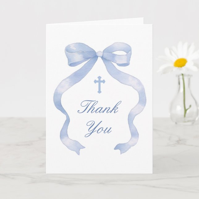 Cartão Elegant Blue Bow Holy Cross Religious Thank You (Planta pequena)