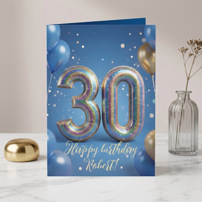 Cartão Elegant Blue Gold Sparkly Balloons 30th Birthday (Criador carregado)