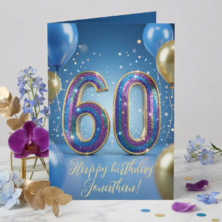 Cartão Elegant Blue Gold Sparkly Balloons 60th Birthday