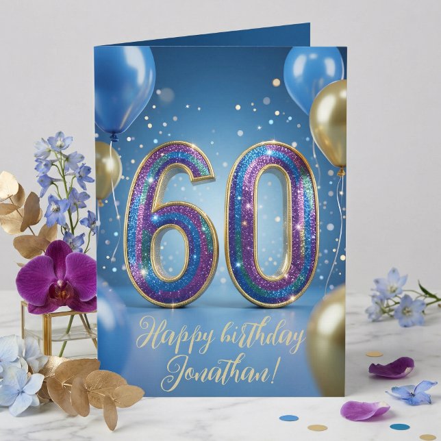 Cartão Elegant Blue Gold Sparkly Balloons 60th Birthday (Criador carregado)