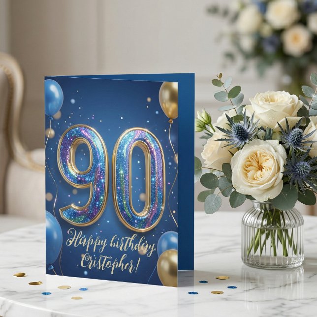 Cartão Elegant Blue Gold Sparkly Balloons 70th Birthday (Criador carregado)