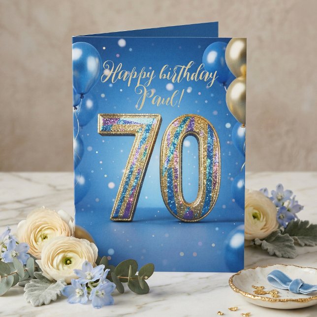 Cartão Elegant Blue Gold Sparkly Balloons 70th Birthday (Criador carregado)