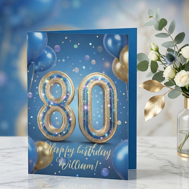 Cartão Elegant Blue Gold Sparkly Balloons 80th Birthday (Criador carregado)