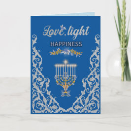 Cartão Elegant Blue Hanukkah Menorah Ornamental 