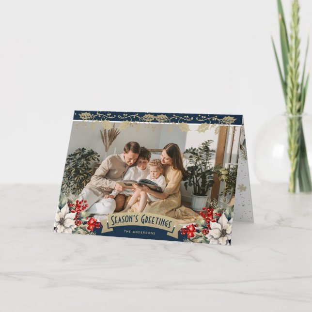 Cartão Elegant Blue Photo Holly Red Berries Poinsettia (Frente)