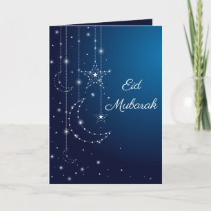Cartão Elegant Blue White Star Moon Sparkle Eid Greeting