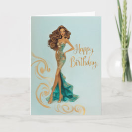 Cartão Elegant Brunette in Gold Teal Fashionista BDay